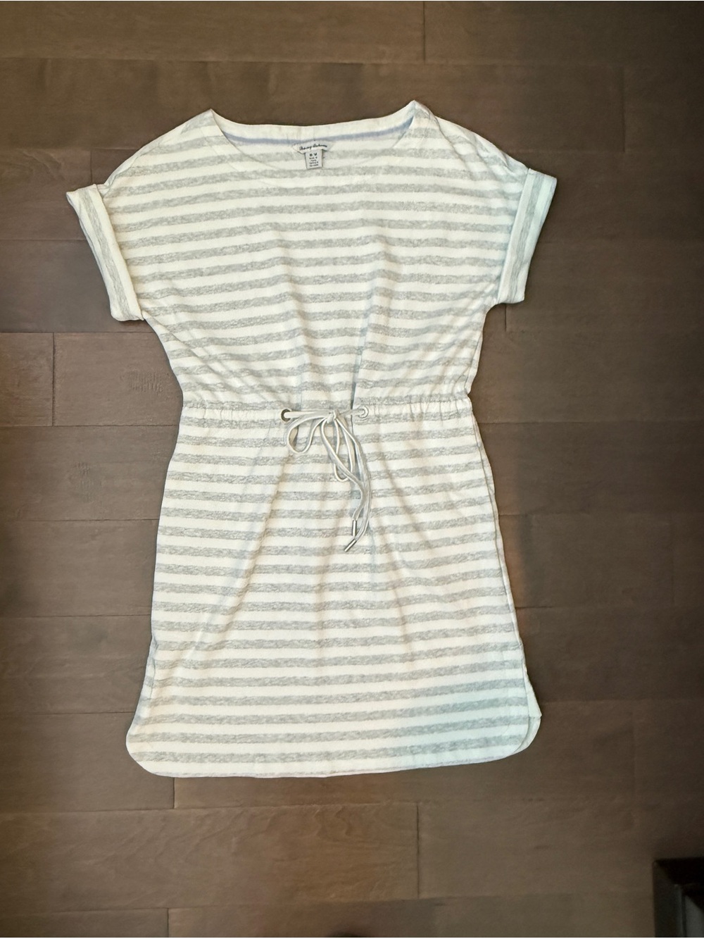 Tommy Bahama White and Light Gray Striped Drawstring Dress